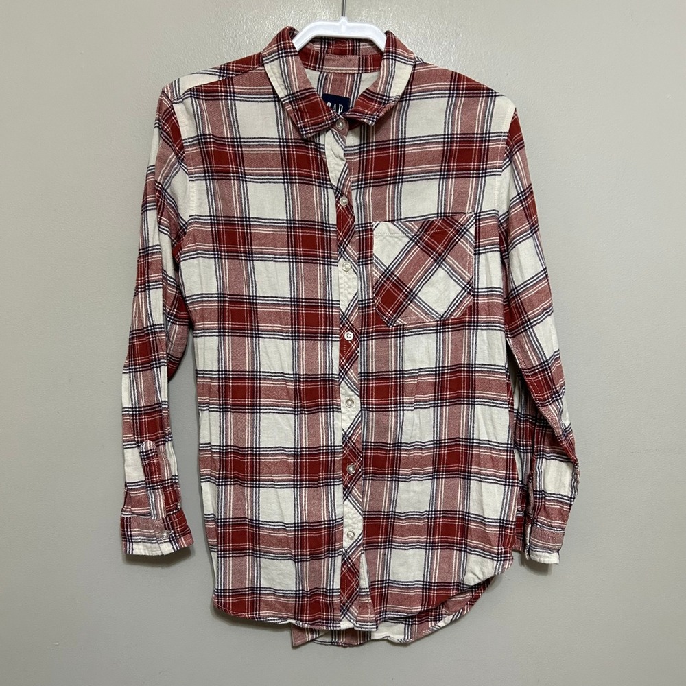 Gap Flannel Button Down Mens L Red Tan Purple Plaid Cotton